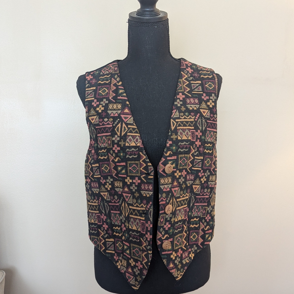 Vintage Baxter & Wells Button-Up Vest, Green Orange Yellow Pattern, Size Medium